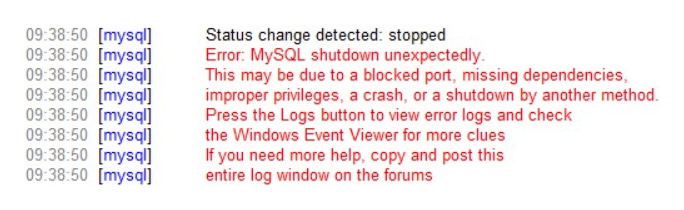 Error MySQL shutdown unexpectedly